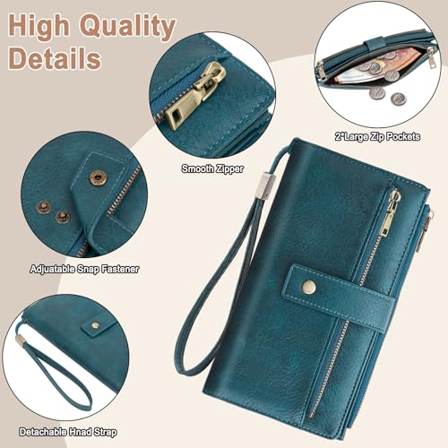 Large Wallets For Women Rfid Blocking Wallet Pu Leather Ladies Wallets Zipper Long Wallet With 24 Card Holders,2 Id Windows And Coin Pocket Wristlet Purses For Women Ladies. Peacock blue - color: Peacock blue