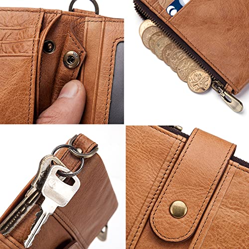 boshiho Genuine Leather Bifold Chain Wallet for Men RFID Blocking - color: Tan