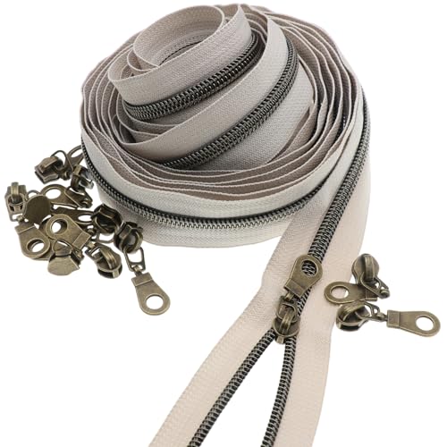 #5 Brass Zipper Bulk 5 Yards Beige Zipper Tape 10pcs Brass Pulls Slider - color: Beige-brass