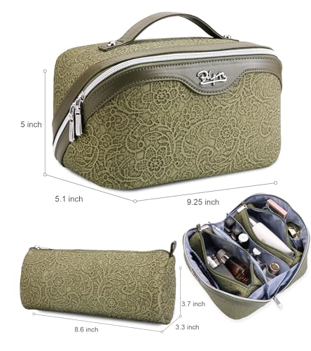 BOYATU Travel Makeup Bags Cosmetic Organizer Bag: 3 Pcs Set Large Capacity Make up Bag with Compartments - Waterproof Leather Toiletry Bags with Handle for Women (A-Green) - color: A-Green