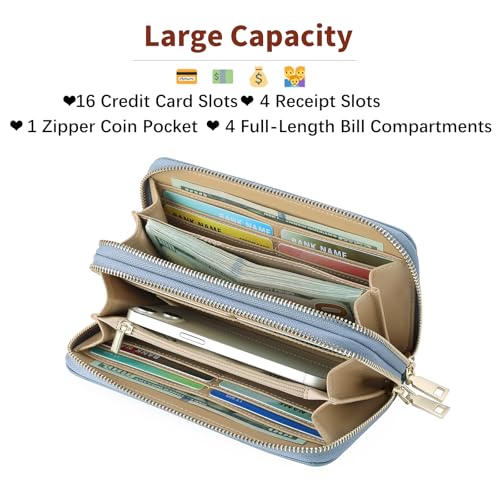 GOIACII Women's Wallet RFID Blocking Leather Wristlet | 2 Zip Around, Large Capacity, Credit Card Holder, Ladies Phone Clutch Purse - color: A16 Blue