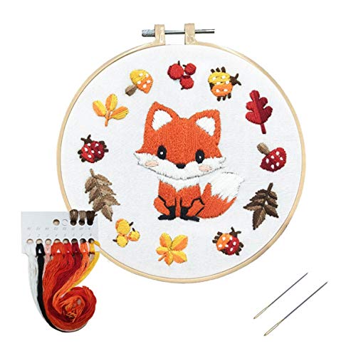 Louise Maelys Fox Embroidery Kit for Beginner, Animal Cross Stitch Kit | DIY Full Range Easy Needlepoint With Stamped Animal Pattern, Hoop, Threads, Needles And Instructions For Adults DIY Craft - color: Fox