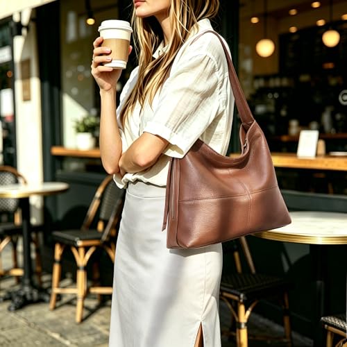 Genuine Leather Hobo Bags for Women Crossbody Purses Work Tote Bag Designer Shoulder Handbags with 2 Straps - color: Brown