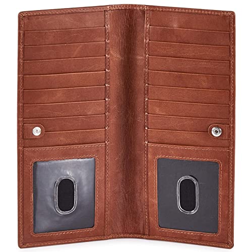 Long Wallet for Men Women Leather Slim Bifold RFID Blocking Card Holder | Real Top Grain Leather, Stylish 18 Credit Card Slots, 2 ID Windows, 2 Currency Sleeves, Gift Box, (Cognac, Wax Pull Up) - color: Cognac Wax Pull Up