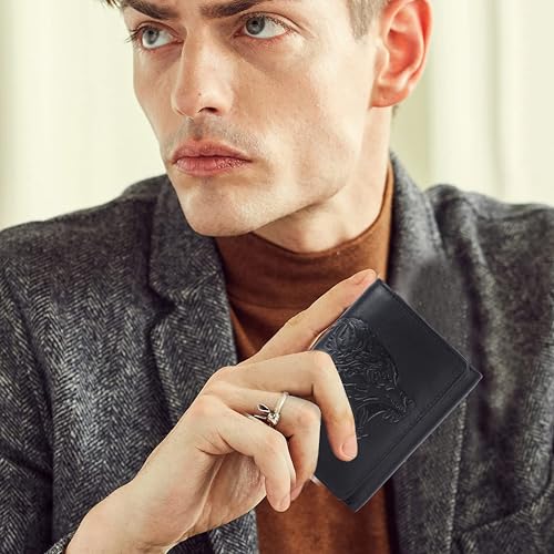 Wild Wolf Black Trifold Wallet for Men – Full-Grain Nappa Leather, RFID Blocking, Unique Embossed Design, Gift for Husband, Dad, or Boyfriend - style: Wild Wolf