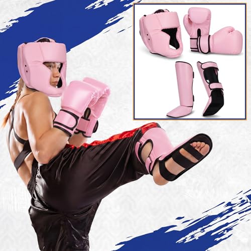 Arrowbash 5 Pcs Boxing Guards Set for Kids with Sparring Headgear, 6oz Boxing Gloves and Leg Shin Guards Wrestling Headgear for Youths Teens Boys Girls Kickboxing Karate Muay Thai BJJ Training - color: Pink
