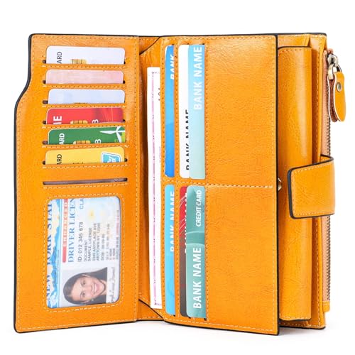 SENDEFN Women Leather Wallets RFID Blocking Clutch Card Holder Ladies Purse with Zipper Pocket - color: A-Yellow