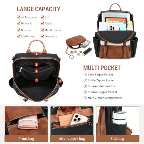 AGLOD Backpack Purse for Women PU Leather Back Packs Designer Ladies Shoulder Bag Fashion Faux Work Travel Handbags - color: Beige--black-brown