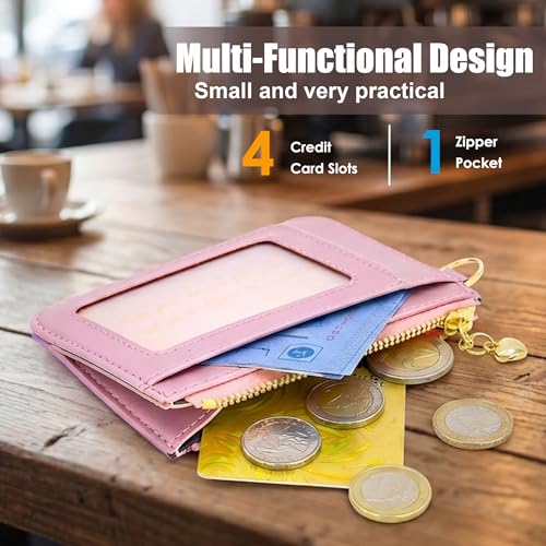 M-Plateau Key Chain Wallet for Women, Slim Credit Card Holder | Pink Mini Purse with ID Window, Zipper Pocket, Metal Key Ring - color: Rose Pink