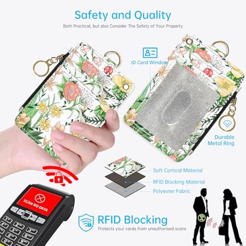 2-in-1 ID Badge Holder & Lanyard Wallet，Cute Zippered Pouch Flowers 2 | for Teachers,Nurse,Professionals，Removable Wristlet & Neck Lanyard,5 Card Slots Stylish Work Essential - color: Flowers 2