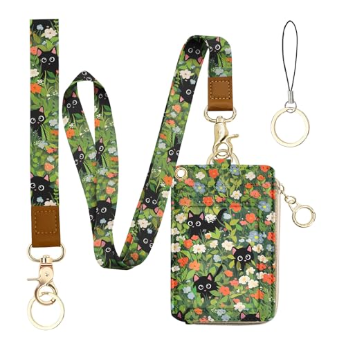bolimoss Cute 2-in-1 ID Badge Holder & Lanyard Wallet, Black Cat Floral Wallet with Removable Wristlet & Neck Lanyard, Clear Window, 5 Card Slots, 1 Side Zipper Pocket, Ring Keychain - color: Black Cat Flower