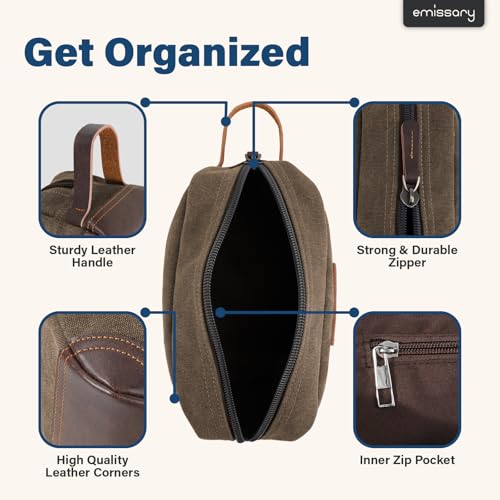 emissary Men's Toiletry Bag, Leather and Canvas Travel Toiletry Bag, Dopp Kit for Men, Travel Bathroom Bag Men's Shaving Kit, Travel Kit Small Bags for Men, Shaving Bag for Travel Accessories (Coffee) | Durable canvas & PU leather, water-resistant lining,