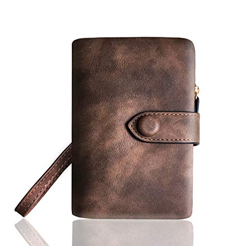 AOXONEL Women's Small Bifold Leather wallet Rfid blocking Ladies Wristlet with Card holder id window Coin Purse - color: Brown