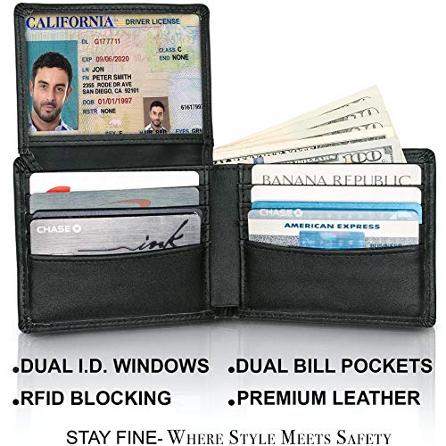 Top Grain Leather Wallet for Men | RFID Blocking | Extra Capacity Bifold Wallet with 2 ID Windows | Ultra Strong Stitching | Slim Billfold with 8 Card Slots | Gift for Him - color: Black