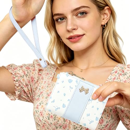 Floral Bow Small Zipper Wallet for Women Girls (BIFOLD-BLUE) | Bifold Wallet, Zipper Coin Pocket, ID Window, 5 Card Slots, Removable Wrist Strap - color: BIFOLD-BLUE