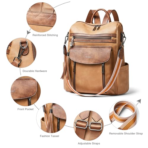Backpack Purse for Women Fashion Leather Backpack Purse Designer Travel Backpack Convertible Shoulder Bag with Wristlet - color: 2-6 Camel With Brown