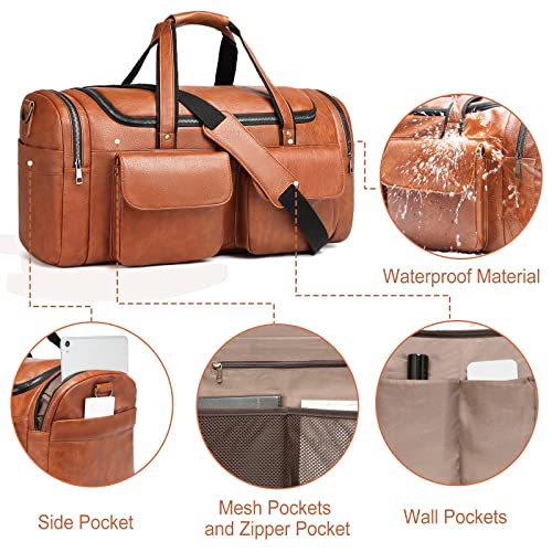 BOLOSTA Travel Duffel Bag for Men Women, Large PU Leather Carry on Duffle Bags for Traveling, Waterproof Overnight Weekender Duffel Bag with Shoe Compartment - Perfect for Daily Use/Birthday Gift - color: Brown