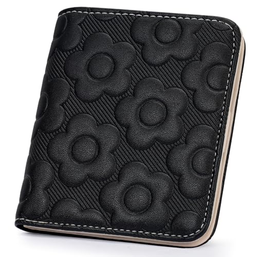 Small Wallet Women Slim RFID Leather Bifold Wallet Embossed Design | Compact design with ID window, card slots, and zipper coin pocket, ideal for daily travel, shopping, and gifts - color: 07-Black