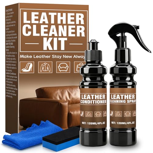 4-Piece Leather Cleaner & Conditioner Kit, 4oz Each | For purses, car seats, leather boots & small leather goods, fades surface stains & minor scuffs, kit with cloth & sponge