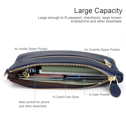 befen Genuine Leather Wristlet Clutch RFID Blocking Bag Cell Phone Purse | Cell Phone Wristlet Clutch for Women, Small Wallet Purses with RFID Blocking Card Slots - color: Style02-nave Blue