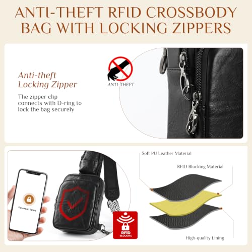 Sling Bag, Crossbody Bag with Anti-Theft Zipper & RFID Blocking for Travel Vegan Leather Crossbody Bags for Women - color: Black