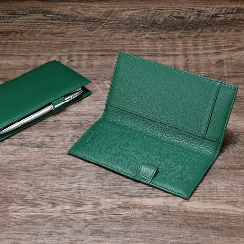 HISCOW Leather Checkbook Cover for Duplicate Checks with Pen Holder - color: Pebbled Green
