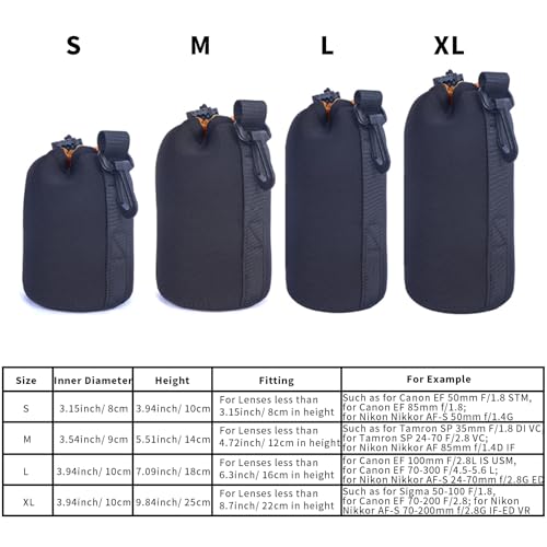 Large Camera Lens Pouch, Thick Protective Neoprene Bag Storage Cover Case with Drawstring Design, Soft Plush Interior, Compatible for Canon, for Nikon, for Sony DSLR Lenses (L Size) - size: L: 10cm x 18cm (D x H)