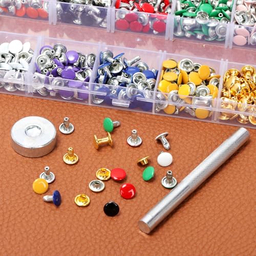 Mardatt 302Pcs 10 Colors Double Cap Rivets with Setting Tool Kit, 8x8mm Leather Rivets Tubular Metal Studs for DIY Leather Craft Repair and Decoration