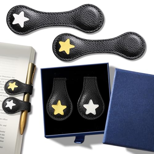 Ovesmusl 2Pcs PU Leather Star Magnetic Bookmarks with Pen Holder | Black and black set with double-sided magnets, gift box included, for books, notebooks, magazines, readers and teachers - style: Star (Black+Black)