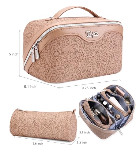 BOYATU Travel Makeup Bags Cosmetic Organizer Bag: 3-Set Large Capacity Make up Bag - PU Leather Toiletry Bags for Women - Wide Open Portable Pouch with Divider & Handle (A-Tan) - color: A-Tan