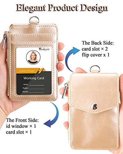 Teskyer Leather ID Badge Holder with Lanyard, Lanyard Wallet, Gold - color: Gold, size: 3.1" x 4.7"
