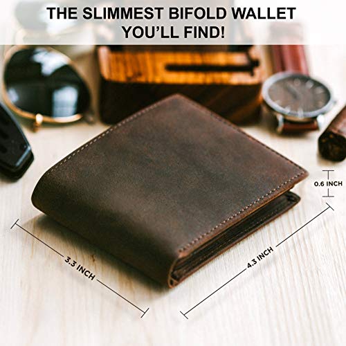 Top Grain Leather Wallet for Men | RFID Blocking | Extra Capacity Bifold Wallet with 2 ID Windows | Ultra Strong Stitching | Slim Billfold with 8 Card Slots | Gift for Him - color: Brown