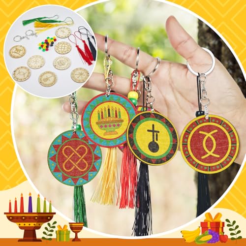 Cinrobiye 24 Set Kwanzaa Craft Happy Kwanzaa Keychains Kits with Seven Principles DIY Kinara Ornaments Paint Key Ring Gifts for Home Sunday School Classroom African Heritage Party Activity Supplies - style: Kwanzaa