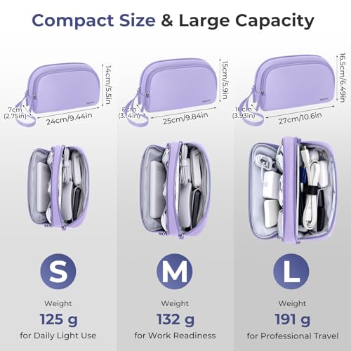 Skycase Travel Cable Organizer - Lightweight Water Resistant Dual-Layer Tech Pouch with Wrist Strap 9 Compartments Electronic Organizer Travel Case for Charger Cord Hard Drive,Large,Purple - color: Purple, size: L