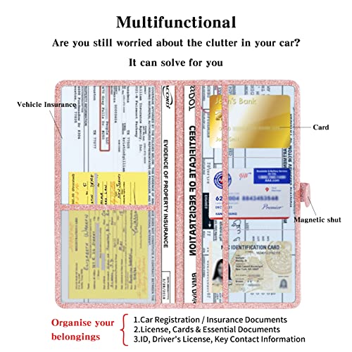 Car Registration & Insurance Card Holder Leather Auto Glove Box Organizer Document Wallet with Magnetic Shut (Glitter Rose, large) - color: Large Glitter Rose
