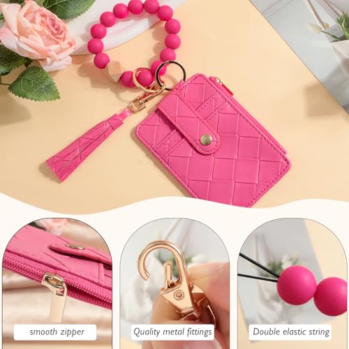 Snycler Solid color Beaded Wallet Wristlet Card Holder- Zip Card Wallet & Keychain with Tassel Accessory Gift - color: Magenta