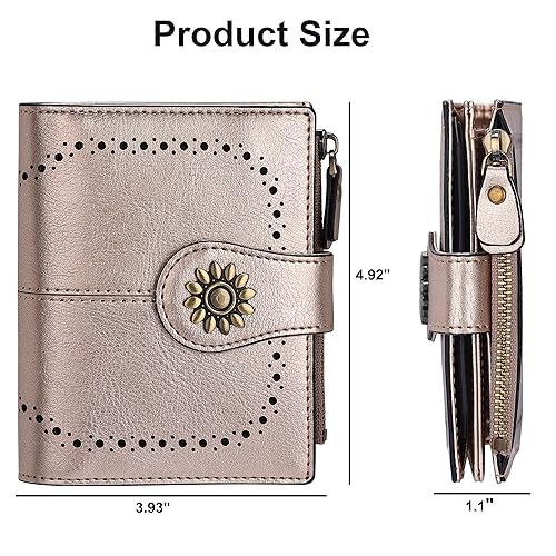 Womens Leather Wallet Small Compact RFID Blocking Credit Card Case Purse with Zipper Pocket | Small - color: Champagne Gold