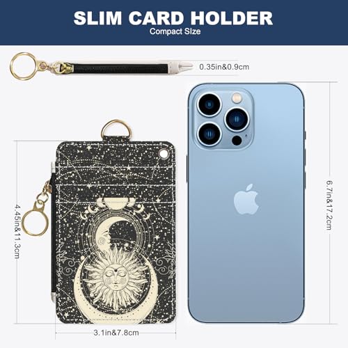 Slim Wallet Credit Card Holder, Moon and Sun Face, RFID Wallet Women Cute Small Front Pocket Wallet With Zipper, PU Leather Thin travel RFID Blocking Card Case ID Window,Ladies Gifts - color: Moon and Sun Face