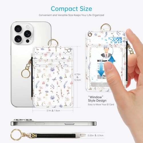 2-in-1 ID Badge Holder & Lanyard Wallet，Cute Zippered Pouch White Flowers 2 | for Teachers,Nurse,Professionals，Removable Wristlet & Neck Lanyard,5 Card Slots Stylish Work Essential - color: White Flowers 2