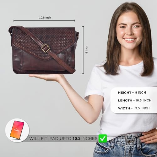 Ozora Genuine Leather Crossbody Purse for Women, Shoulder Bag - color: Brown Weaving