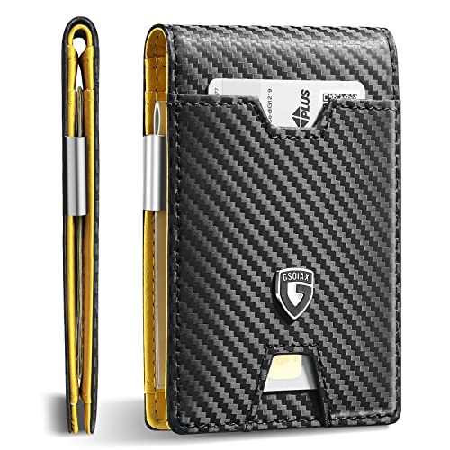 GSOIAX Men's Slim RFID Blocking Leather Wallet with Money Clip | Minimalist Carbon Fiber Bifold Credit Card Holder | 11 Card Slots | Gift Box Included(Carbon Yellow) - color: Carbon Yellow