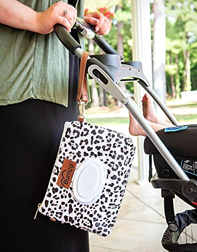 Bumco Portable Diaper Clutch Bag with Built-In Baby Wipes Dispenser | Airtight refillable wet wipes dispenser container. Portable travel wristlet pouch strap for quick cleanups on the go. - color: Snow Leopard