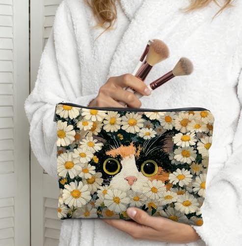 Cute Cat Floral Makeup Bag,Gifts for Women Cat Lovers,Cats Lover Lady Mom Grandma Gifts, Calico Cat Daisy Kitten Zipper Makeup Pouch,Spring Holiday Toiletry Bag - color: Cat Floral