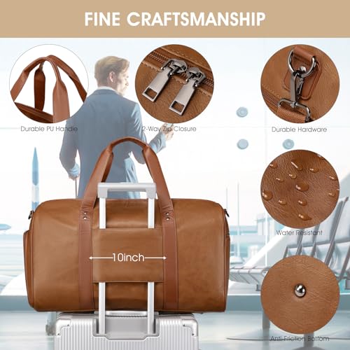 3PCS Faux Leather Weekender Bag for Women Men Travel Bag Overnight Bags | Leather Travel Duffel Bags for Traveling with Shoe Compartment Toiletry Packing Cube Carry On Tote Bag Men Fit 21.5" Laptop - color: Light Brown