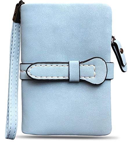 AOXONEL Women's Small Bifold Leather wallet Rfid blocking Ladies Wristlet with Card holder id window Coin Purse - color: Light Blue3