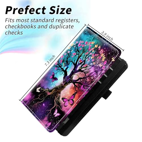 Check Book Cover for Personal Checkbook, Leather Business Checkbooks Plastic Insert Flap Card Holder Pen Hoop Holder with RFID Blocking Slim Wallet for Women Men, Butterfly Tree Sub - color: Butterfly Tree Sub