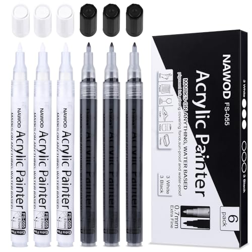 NAWOD Paint Pens White Black Acrylic Marker 6 Pack, Acrylic Permanent Marker, White Paint Pens for Rock Ceramic Wooden Leather Glass Painting Metal Tire, 0.7mm Extra Fine Point Quick Drying - color: Extra fine Tip