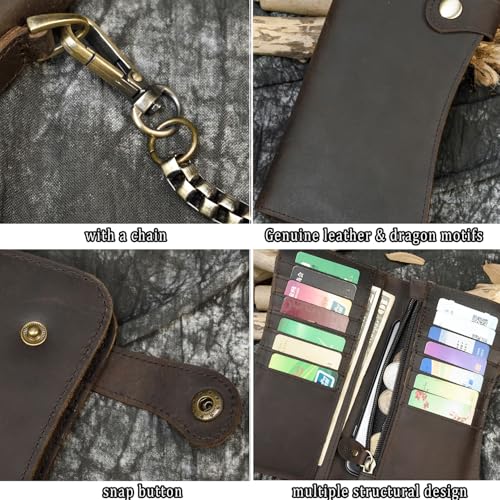Motorcycle Chain Wallet for Men Tri-fold Long Biker Wallet with Heavy Duty Chain for Bikers Truckers Hunters - color: 10-Dark Brown