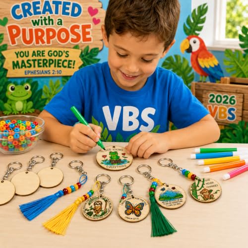 Cinrobiye 24 Pcs Rainforest Animal Wooden Keychain Craft Kit, DIY Wood Keychain Blanks to Paint with Beads Tassels, Jungle Animal Activity Set for VBS, Sunday School, Church Classroom, Camps, Parties - style: Rainforest