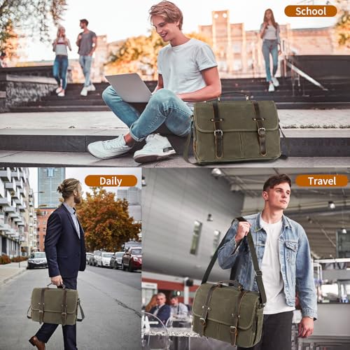 Vintage Men Laptop Bag, 15.6 Inch Messenger Bag Leather Waxed Canvas | Briefcase Large Computer Laptop Bag Briefcase Satchel Handbags Crossbody Bags Water Resistant Work Business Travel - color: Green